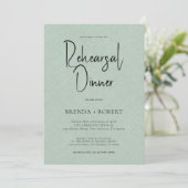 Green linen Simple White Script Rehearsal Dinner Kaart (Staand voorkant)