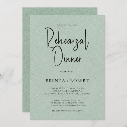 Green linen Simple White Script Rehearsal Dinner Kaart (Voorkant / Achterkant)