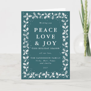 Green Lino Printed Holly Peace Love & Joy Feestdagen Kaart