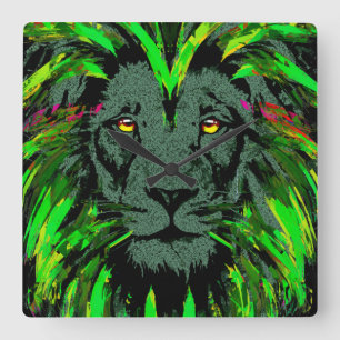 Green Lion Head - Lion Clock - Lion Face Portret Vierkante Klok