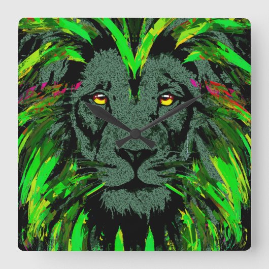 Green Lion Head - Lion Clock - Lion Face Portret Vierkante Klok (Voorkant)