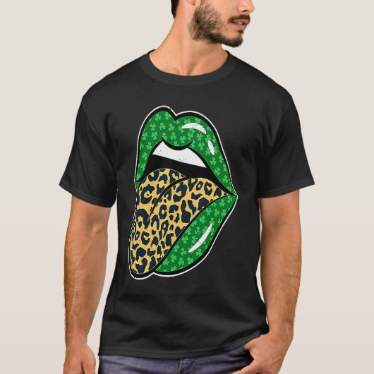 Green Lips Leopard Print Tongue Out St Patricks Da T-shirt (Voorkant)