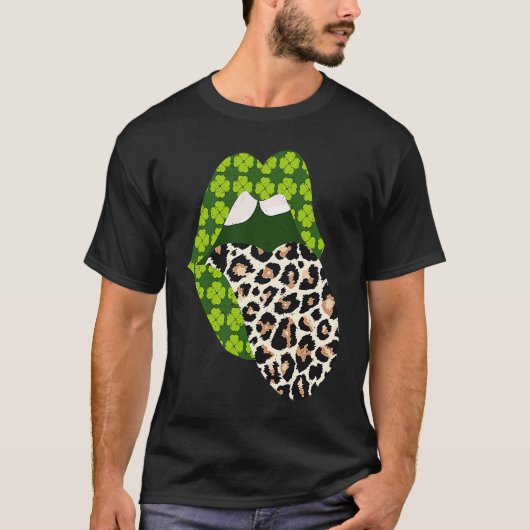 Green Lips Leopard Print Tongue Out St Patricks Da T-shirt (Voorkant)