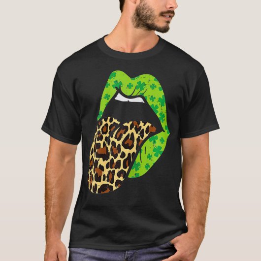 Green Lips Leopard Print Tongue Out St Patricks T-shirt (Voorkant)