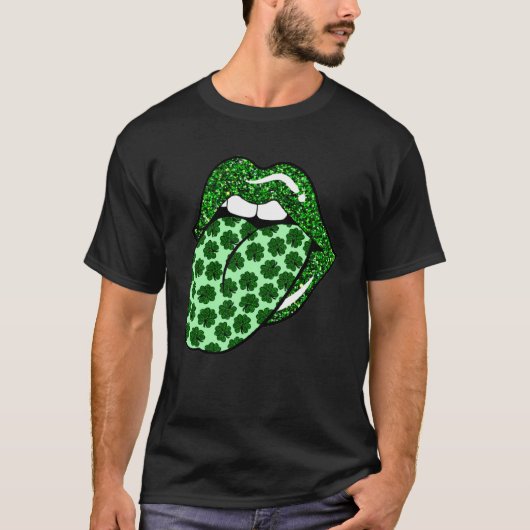 Green Lips Mouth Shamrock Tongue Saint Patrick T-shirt (Voorkant)