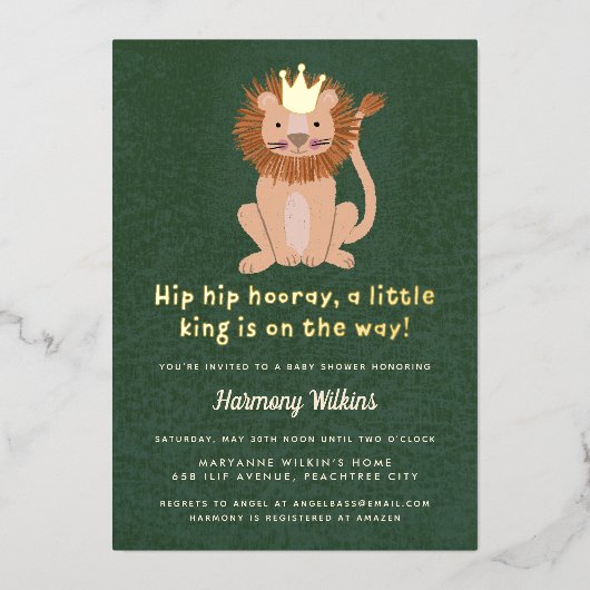 Green Little King Lion Boy Baby shower Invitation Folie Uitnodiging (Voorkant)