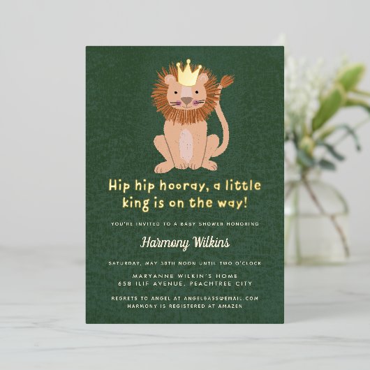 Green Little King Lion Boy Baby shower Invitation Folie Uitnodiging (Staand Voorkant)