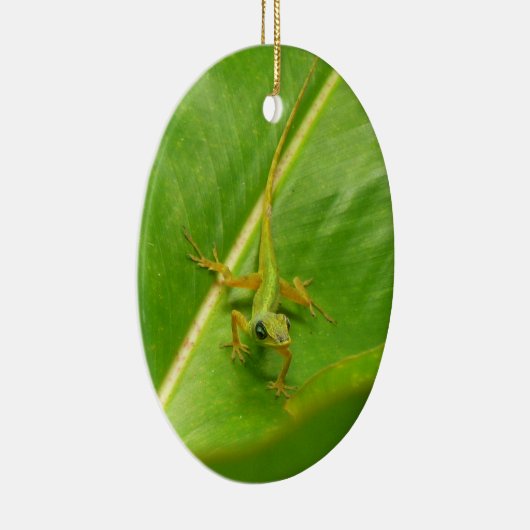 Green Lizard op Green Leaf Keramisch Ornament (Rechts)