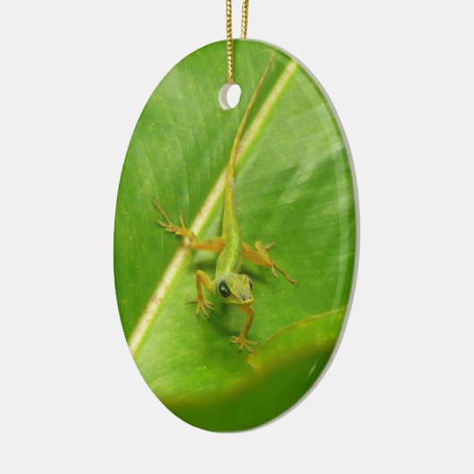 Green Lizard op Green Leaf Keramisch Ornament (Links)