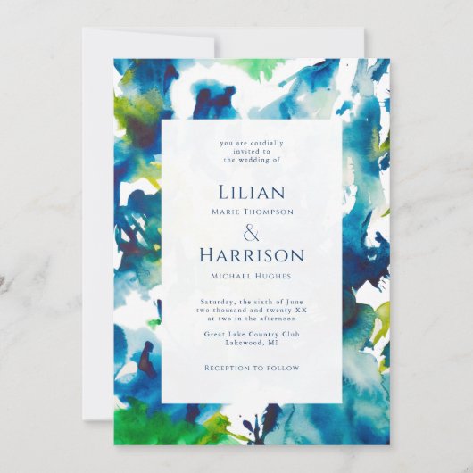 Green Love Abstracte Waterverf Wedding Invitation Kaart (Voorkant)