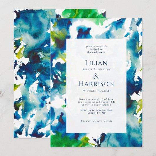 Green Love Abstracte Waterverf Wedding Invitation Kaart (Voorkant / Achterkant)