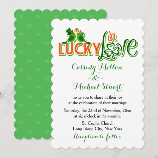 Green Lovebirds en Shamrock bruiloft Kaart (Voorkant / Achterkant)