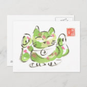 Green Lucky Cat Maneki Neko Briefkaart (Voorkant / Achterkant)