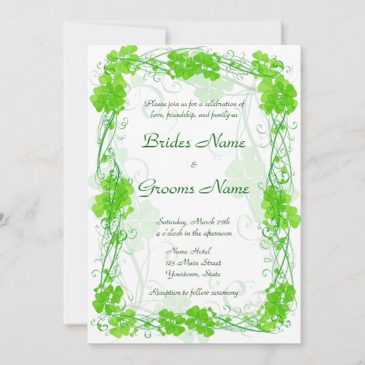 Green Lucky Shamrock Wedding Invitation Kaart (Voorkant)
