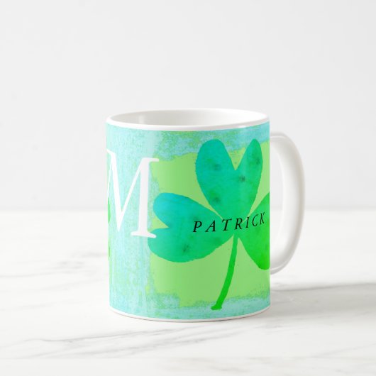 Green Lucky Three Leaf Clover Monogrammed Koffiemok (Voorkant rechts)