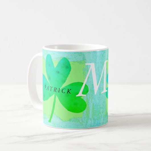 Green Lucky Three Leaf Clover Monogrammed Koffiemok (Voorkant links)