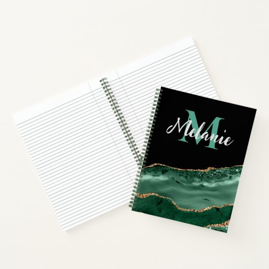 Green Malachite en Gold Glitter Monogrammed Notitieboek (Binnen)