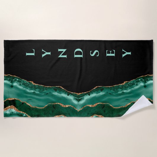 Green Malachite, Gold Glitter - zwart - Jouw naam Strandlaken (Voorkant)