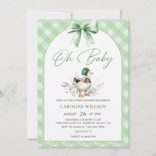 Green Mallard Duck Baby shower Invitation Kaart (Voorkant)
