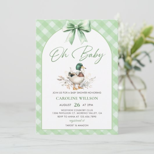 Green Mallard Duck Baby shower Invitation Kaart (Staand voorkant)