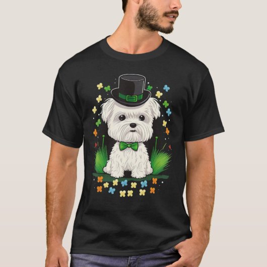 Green Maltese dog shamrock on St Patricks Day Malt T-shirt (Voorkant)