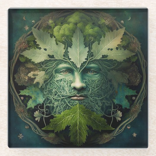 Green Man Mandala Fantasy Art Glazen Onderzetter (Voorkant)