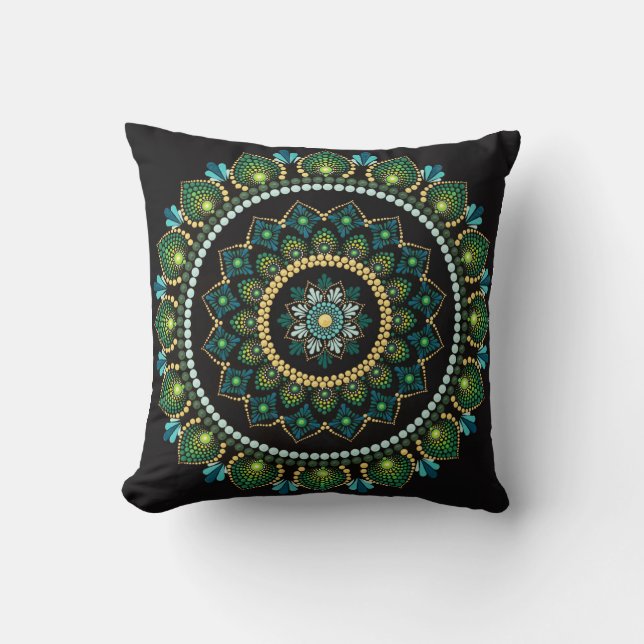 Green Mandala | met de hand beschilderd | Heilige  Kussen (Voorkant)