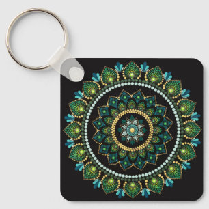 Green Mandala   met de hand beschilderd   Heilige  Sleutelhanger