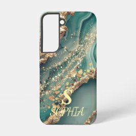 Green marble chic gold glitter monogram samsung galaxy hoesje