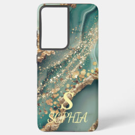 Green marble chic gold glitter monogram samsung galaxy hoesje