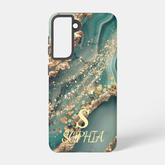 Green marble chic gold glitter monogram samsung galaxy hoesje (Achterkant)