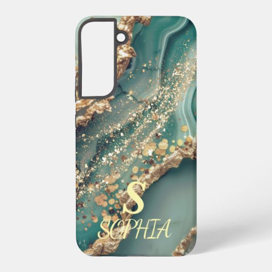 Green marble chic gold glitter monogram samsung galaxy hoesje (Achterkant)