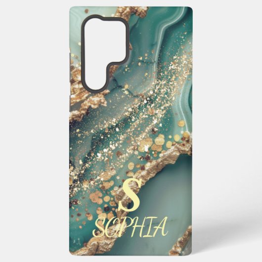 Green marble chic gold glitter monogram samsung galaxy hoesje (Achterkant)