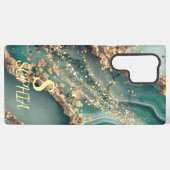 Green marble chic gold glitter monogram samsung galaxy hoesje (Achterkant horizontaal)