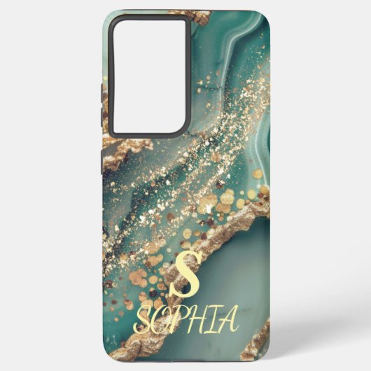 Green marble chic gold glitter monogram samsung galaxy hoesje (Achterkant)