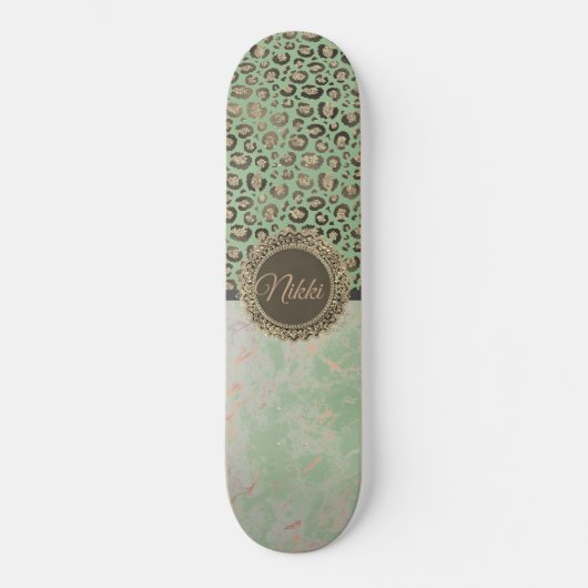 Green Marble Glittery Gold Leopard Custom Persoonlijk Skateboard (Voorkant)