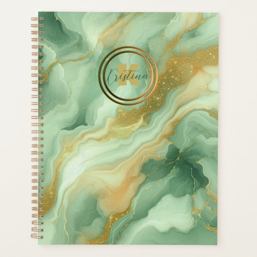 Green Marble Gold Glitter Aderen Naam Initiaal Planner (Voorkant)