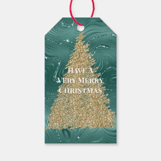 Green Marble Gold Glitter-kerstboom Cadeaulabel (Voorkant)
