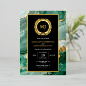 Green Marble Gold Laurel Crest & Black Uitnodiging (Staand Voorkant)