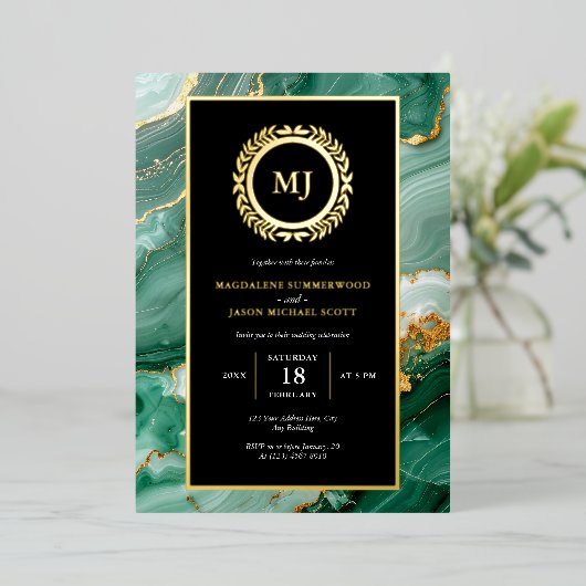 Green Marble Gold Laurel Crest & Black Uitnodiging (Staand Voorkant)