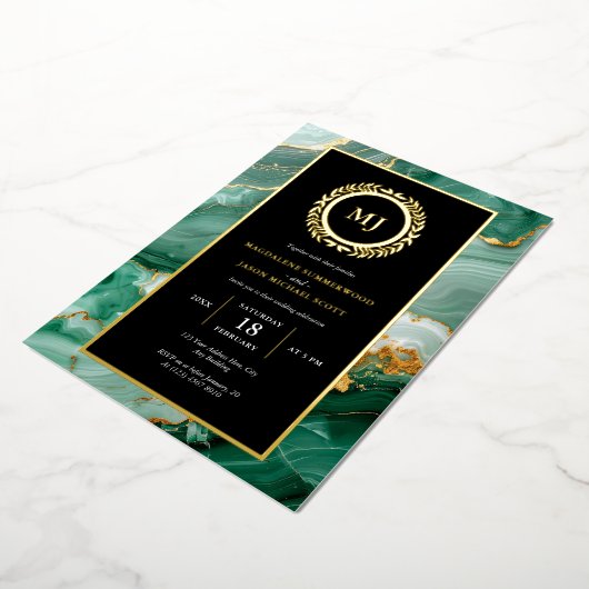 Green Marble Gold Laurel Crest & Black Uitnodiging (Gedraaid)
