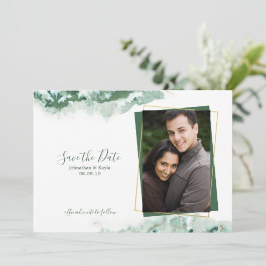 Green Marble Ombre Gold Lijst Save the Date Aankondiging (Staand voorkant)