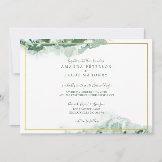 Green Marble Ombre Gold Lijst Wedding Aankondiging (Voorkant)