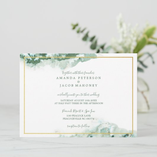 Green Marble Ombre Gold Lijst Wedding Aankondiging (Staand voorkant)