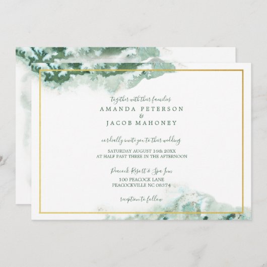 Green Marble Ombre Gold Lijst Wedding Aankondiging (Voorkant / Achterkant)