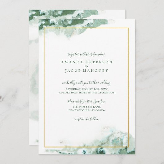 Green Marble Ombre Gold Lijst Wedding Kaart (Voorkant / Achterkant)