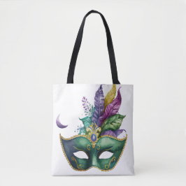 GREEN MARDI GRAS MASK PINK PAARSE FEATHERS TOTE BAG