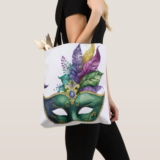 GREEN MARDI GRAS MASK PINK PAARSE FEATHERS TOTE BAG (Dichtbij)