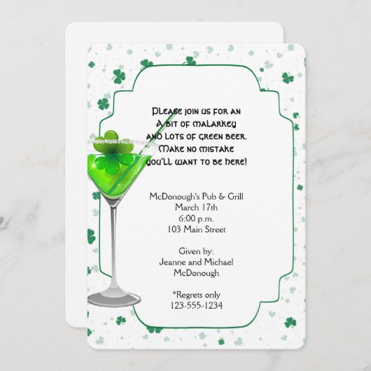 Green Martini St. Patricks Day Party Invitation Kaart (Voorkant / Achterkant)