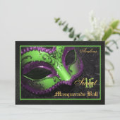 Green Mask Masquerade Sweet 16 Party Invitation Kaart (Staand voorkant)